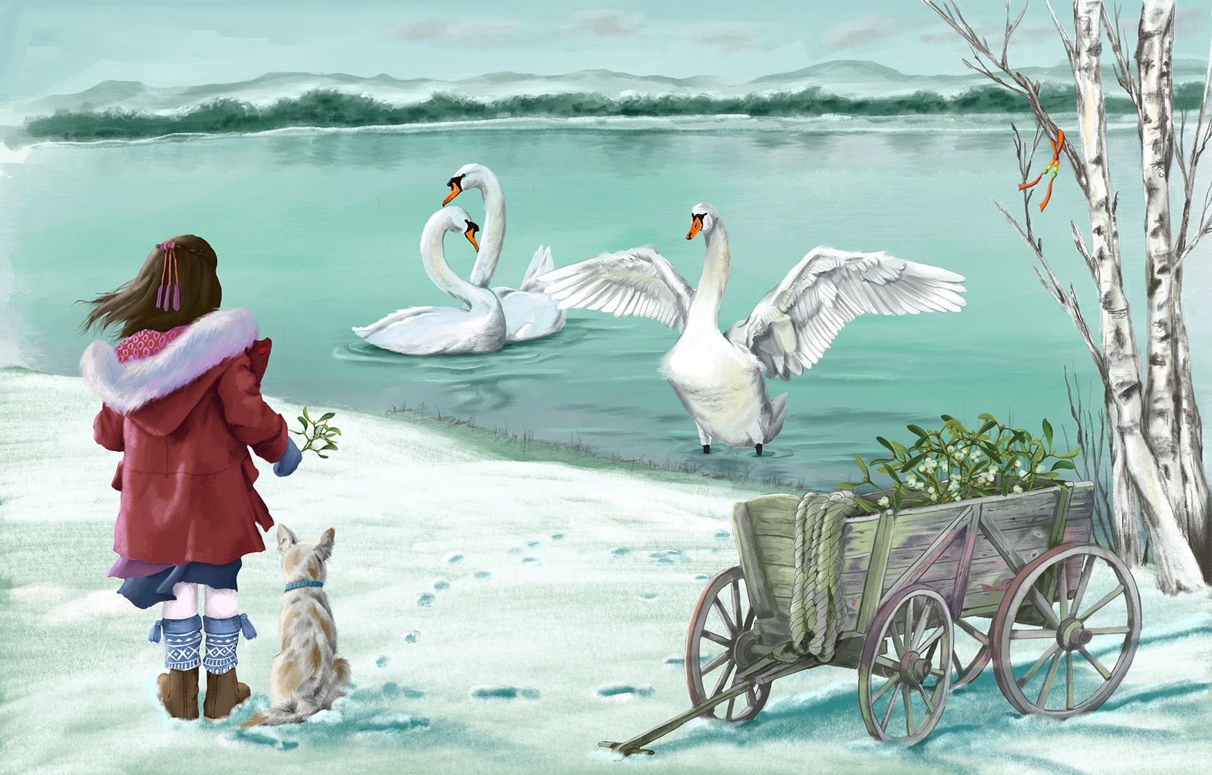 Mädchen steht in einer Winterlandschaft vor einem See in dem zwei Schwäne sind. Neben ihr ein Hund und ein Holzkarren mit Mistelzweigen.