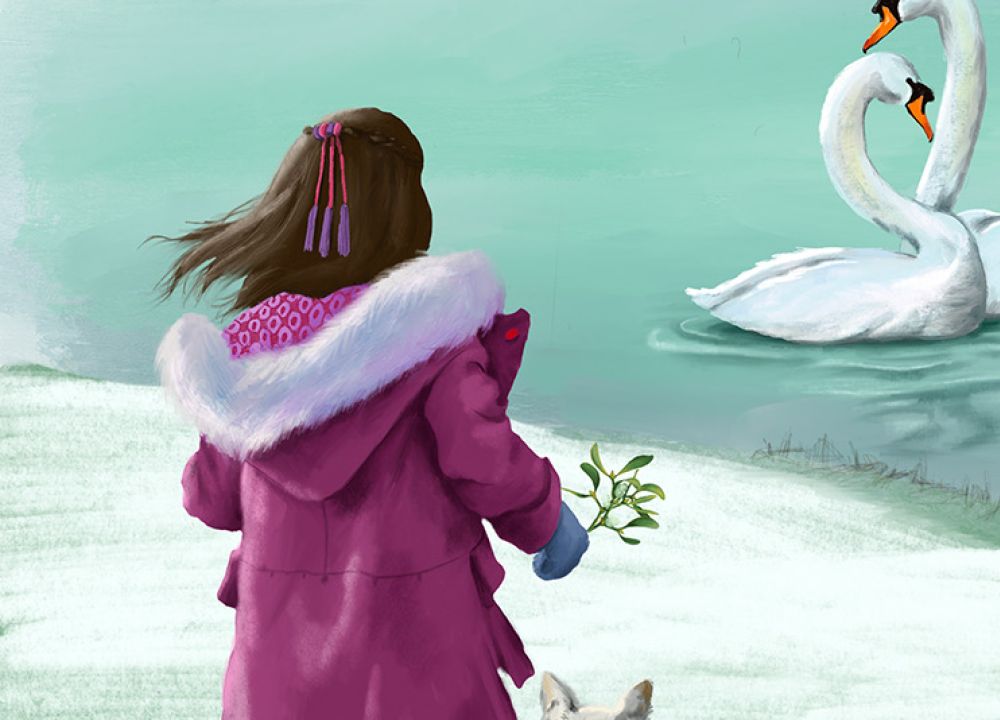 ein Mädchen steht mit ihrem Hund im Winter an einem See mit Schwänen