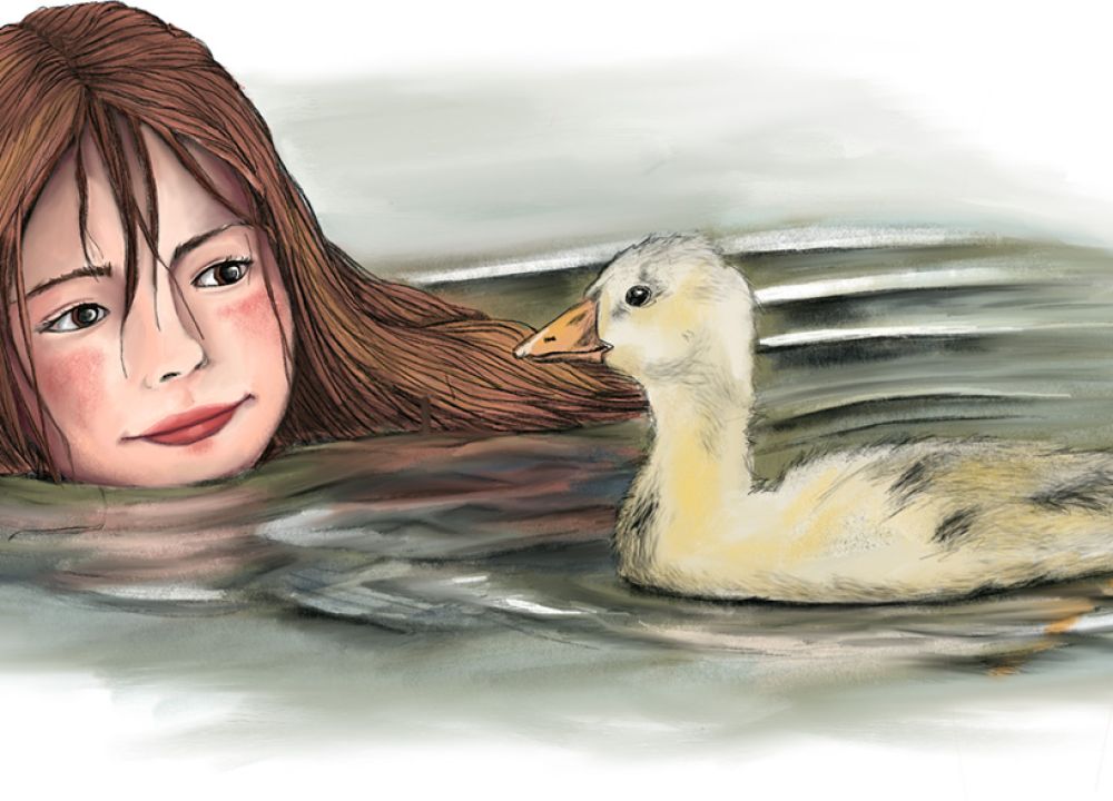 Schwimmendes Mädchen mit Gänseküken