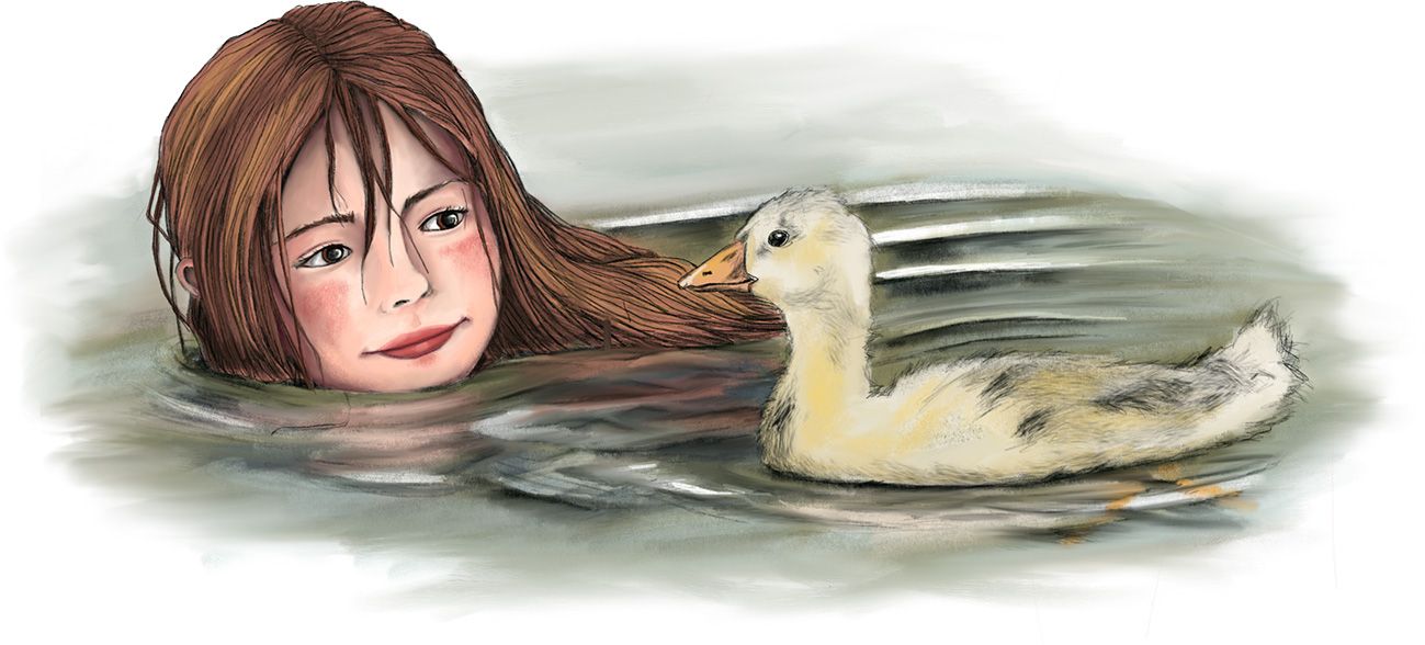 Schwimmendes Mädchen mit Gänseküken
