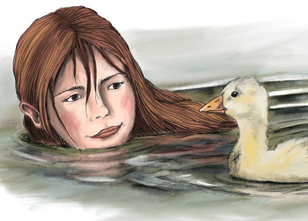 Schwimmendes Mädchen mit Gänseküken