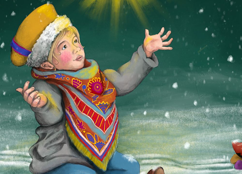 Ein Kind sitzt nachts im Schnee. Ein heller Stern leuchtet. Im Vordergrund eine Katze aus Schnee, Knöpfe und eine Holzente