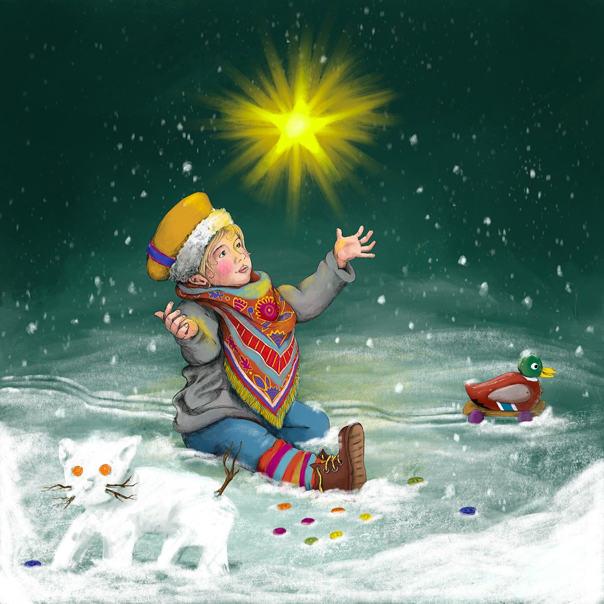mädchen sitzt in einer Winternacht im Schnee. Ein Stern leuchtet. Im Vordergrund eine Schneekatze, bunte Knöpfe und eine Holzente