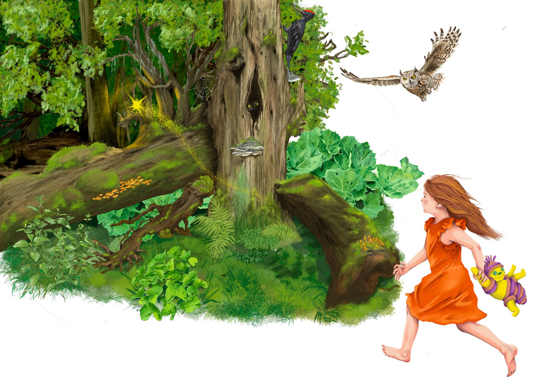 ein Mädchen rennt einem glitzernden Stern hinterher in einen dunklen Wald. In der hand hat sie ein Stofftier. Rechts von ihr fliegt eine Eule. An einem Baumstamm ist ein Specht.